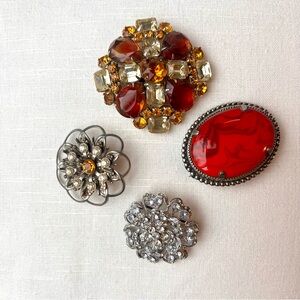 Elegant Red and Silver Brooch Set